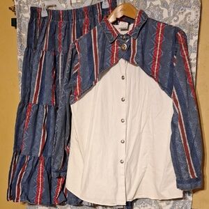 Striped Blue and Red Button-Up Top with Skirt